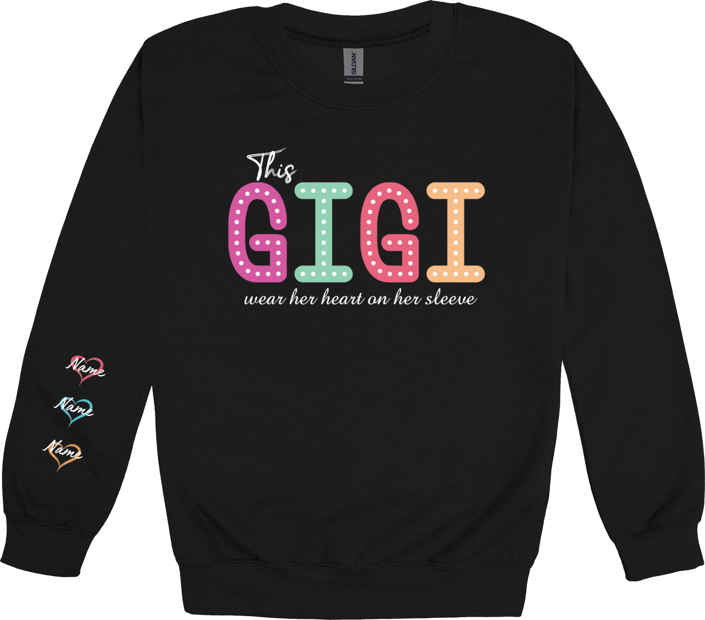 This (Mama) wears her heart on her sleeve sweatshirt (just enter in custom option box which version you want, GIGI, MIMI, etc…)
