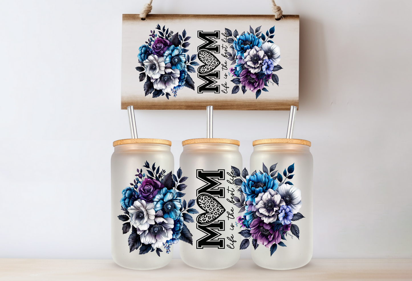 Glass Cup with Bamboo Lid “MOM LIFE BEST LIFE”