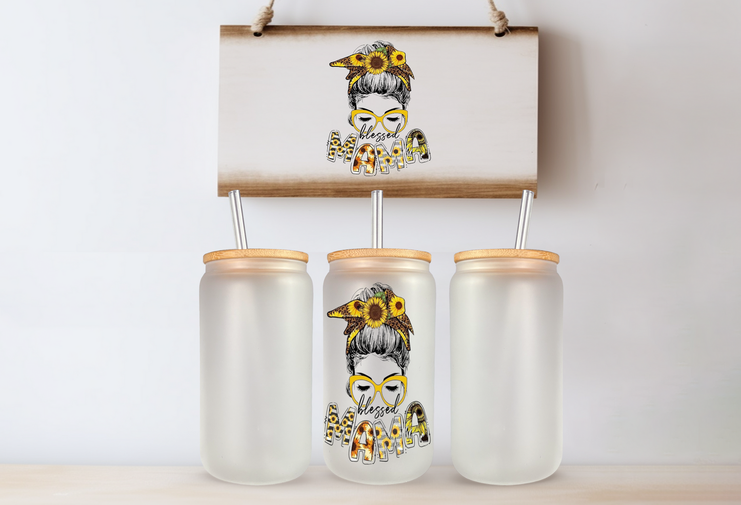 Glass Cup with Bamboo Lid “SUNFLOWER MAMA”