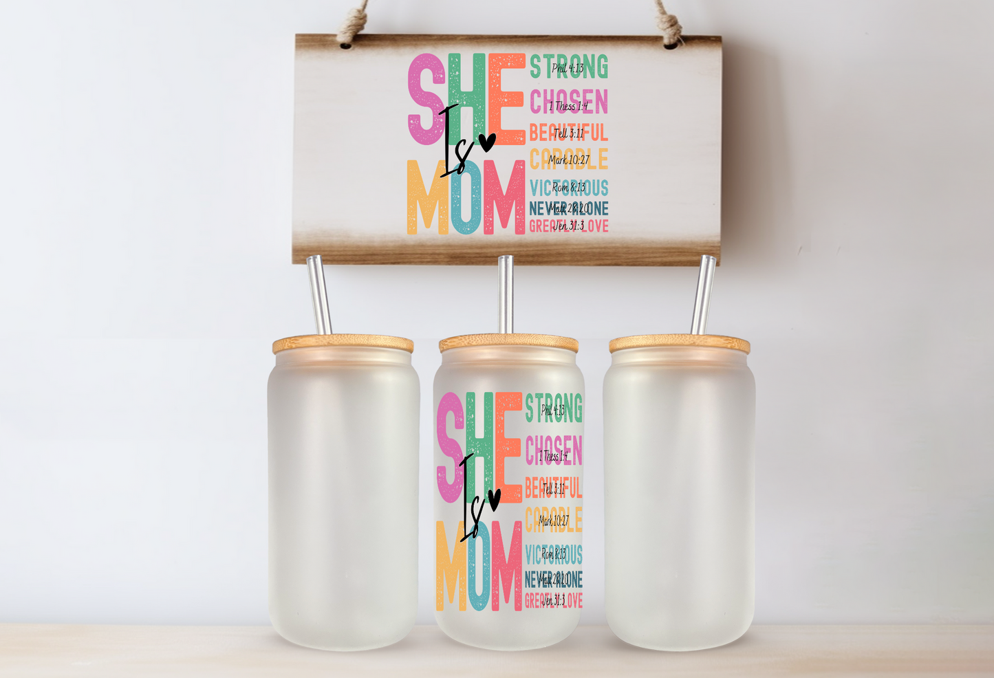 Glass Cup with Bamboo Lid “SHE IS MOM”