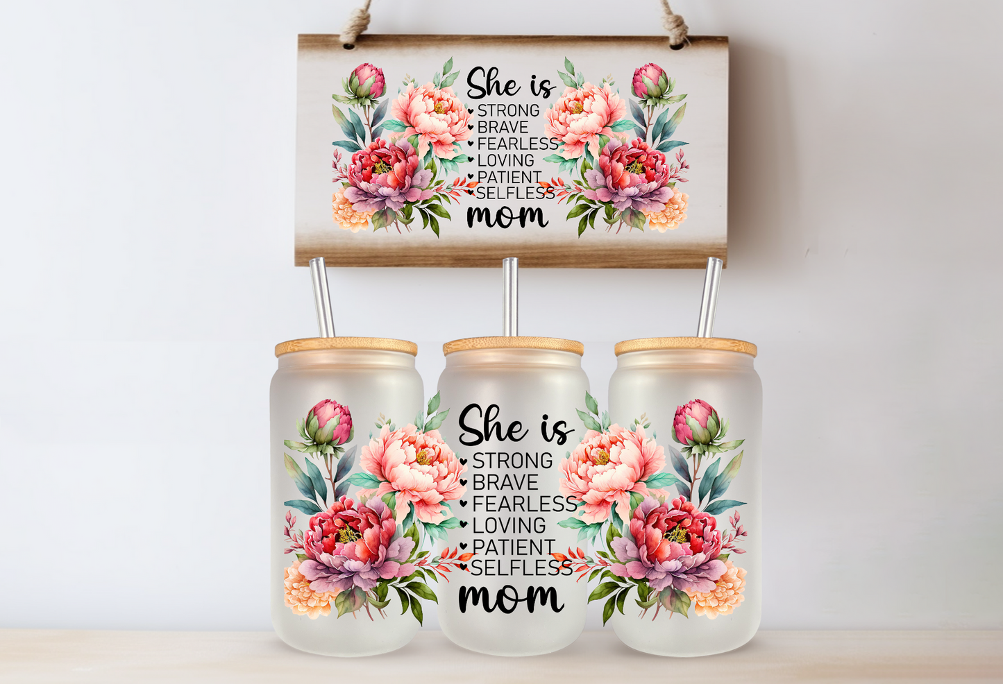 Glass Cup with Bamboo Lid “SHE IS MOM”